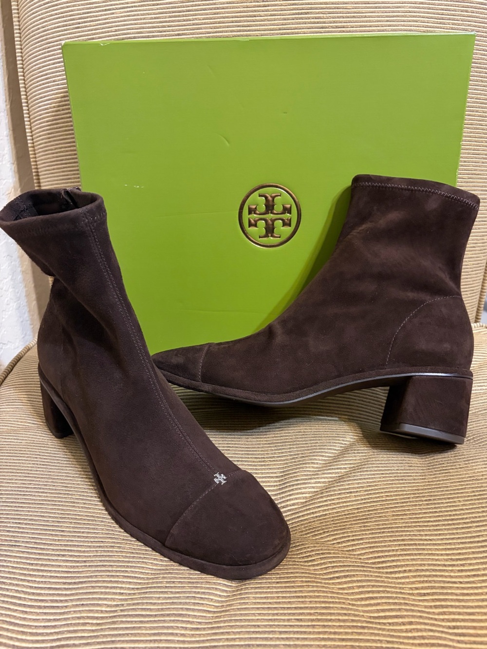 Tory Burch Women’s Suede Cap-Toe Block Heel Ankle Boot in Dark Cocoa - Size 8.5
